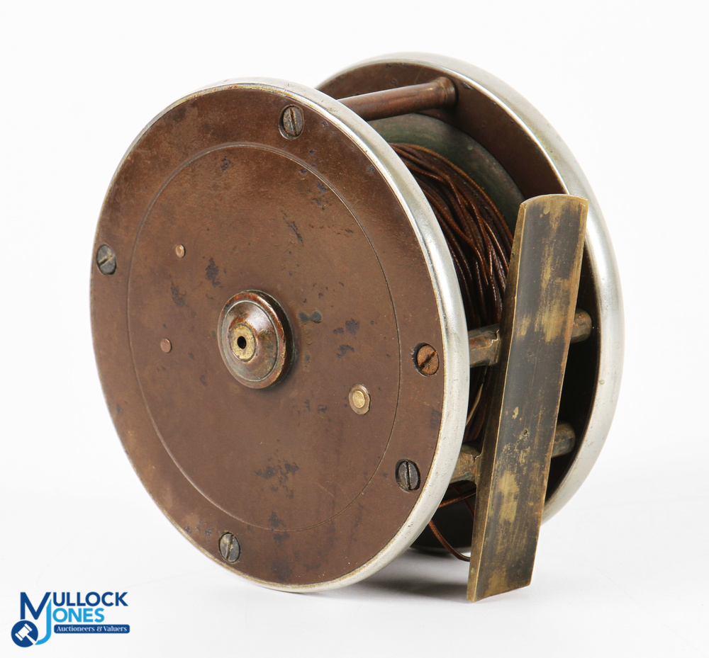 R Ramsbottom Market Street, Manchester brass and ebonite salmon fly reel 3.5” wide spool with horn - Bild 2 aus 2