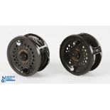 A pair of Leeds Magnum 200D alloy salmon fly reels - 4” wide spool with 2 screw latch and counter