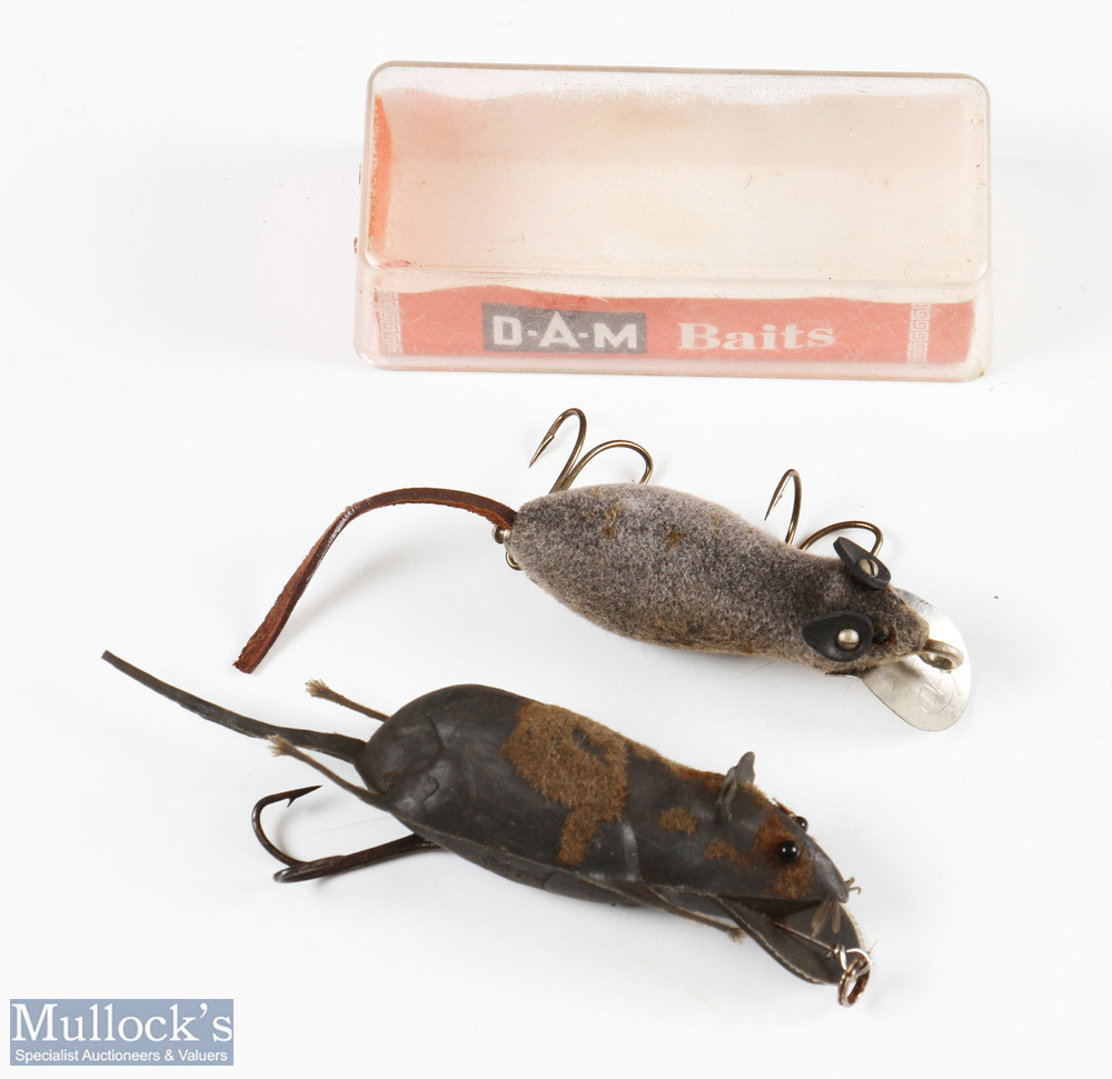 2x Vintage mouse artificial baits with a DAM baits box measures 2" approx. the other measures 2 ½"