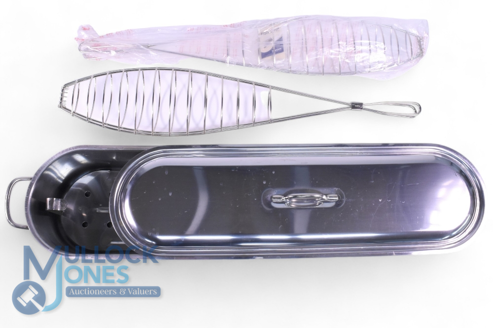 Sunnex 24” stainless steel 3 piece fish poacher set, including a perforated fish rack and two