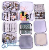 Six Wheatley alloy pocket fly boxes, various internal fittings, one containing good collection of