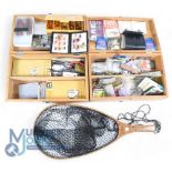 Hardy wood framed trout landing net, 22” long, with knotless mesh and lanyard, 2 x wooden boxes