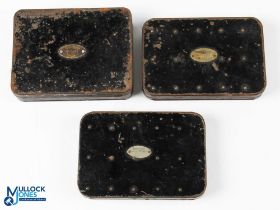 A collection of black japanned vest pocket alloy fly tins, as follows: Hardy Girodon Pralon No 2