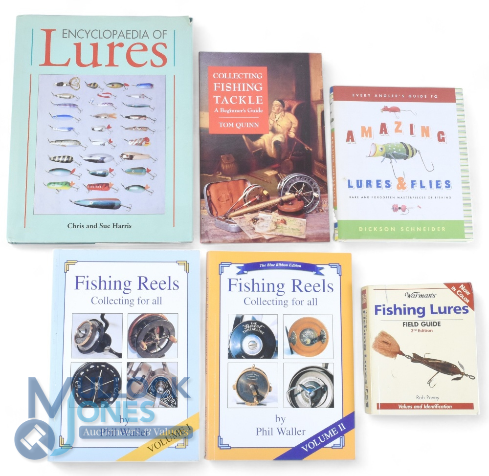 Six fishing collector books, Waller, P - “Fishing Reels”, signed, volumes 1 and 2, Quinn, T - “