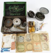 Period Fishing Accessories all within a Maison Lyon toffee suitcase tin, with contents of Hardy