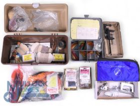 Collection of fly tying materials, including feathers, wools, threads and wax, a Dyna King fly tying