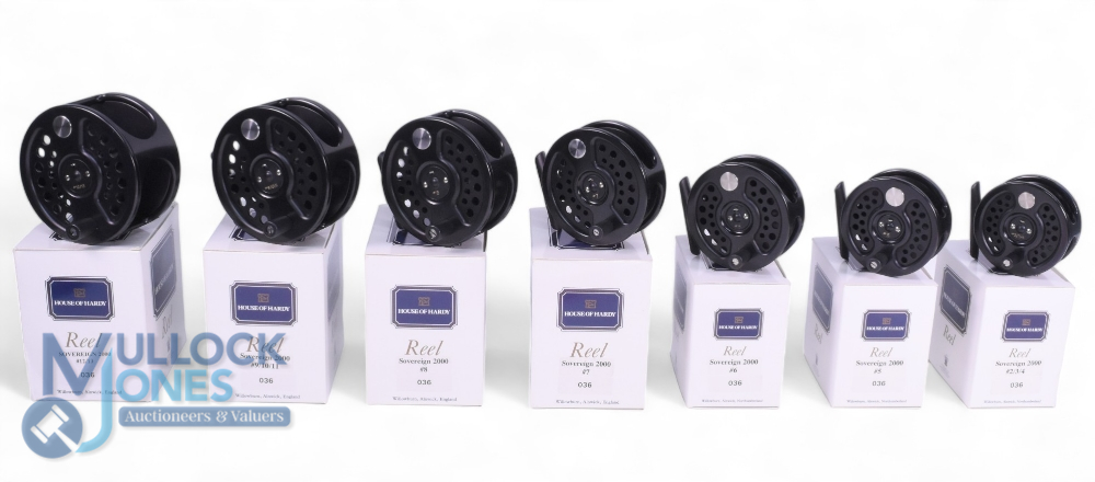 Set of 7 Hardy Sovereign 2000 fly reels, Limited edition No 036. Black finished, rear disc drag