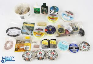 Cornucopia of terminal fishing tackle, to include: spools of fluorocarbon, unused, backing, line