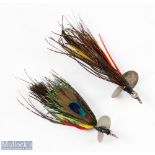 2x Wyers Freres, Paris fixed vane fishing lures measures 2" and 2 ½" approx., with Peacock herl,