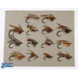 Group of Large Gut Eye Flies (14) hook sizes 1 to 6/0, all wired tied to board for presentation