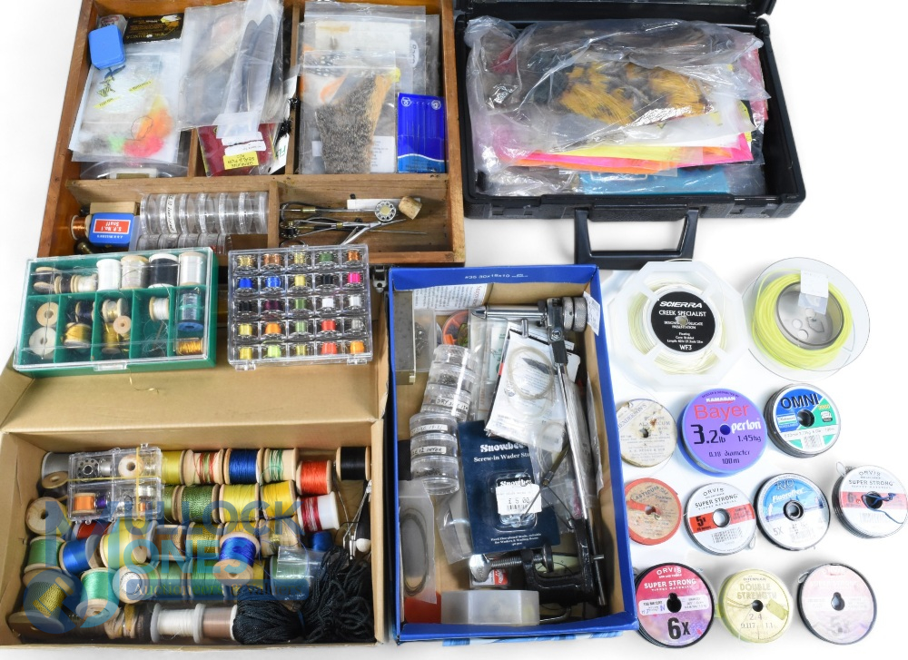 Large quantity of fly tying materials, tools, feathers, hooks etc., in a wooden case 15”x13”, - Image 2 of 2