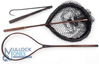 Early Gye wood frame landing net, on 35” square shaft handle, turned wooden grip, with knotless