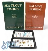Hugh Falkus signed pocket sea trout fly box containing several single, double and treble hook flies,
