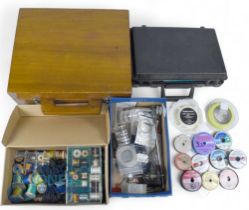 Large quantity of fly tying materials, tools, feathers, hooks etc., in a wooden case 15”x13”,