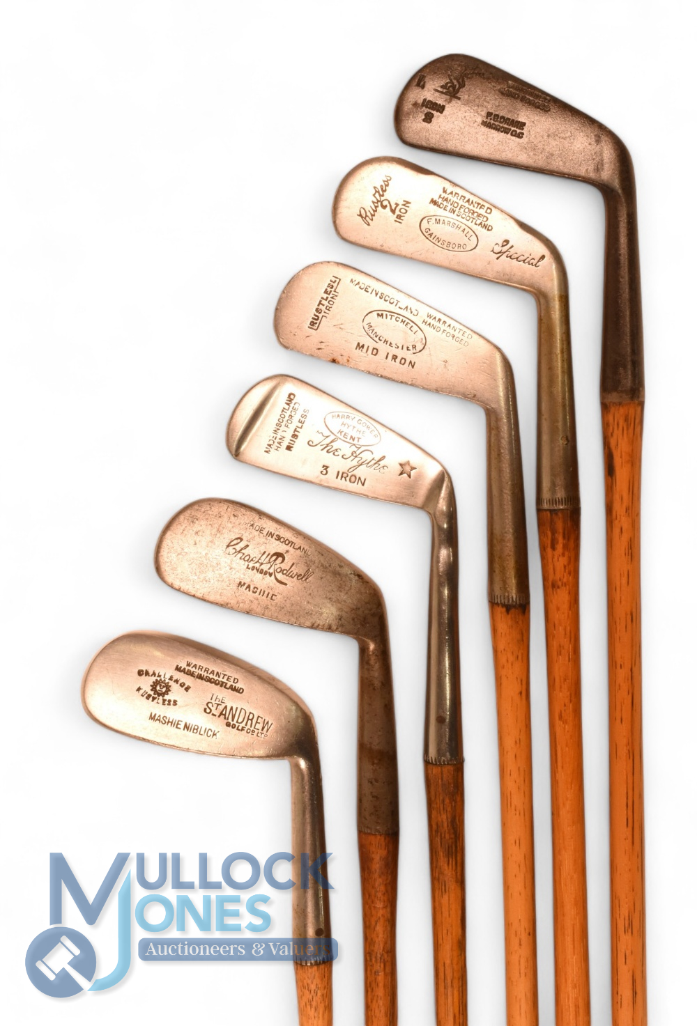 6x Assorted irons incl The Hythe smith's patent bright stainless no 3 iron showing the Gibson star