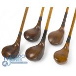 5x Assorted socket neck woods incl a large head spoon unnamed, large head driver stamped Anderson,