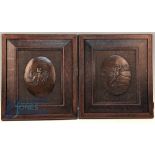 Pair of Period Copper Golfing Plaques, in good original oak frames with golfing scenes embossed