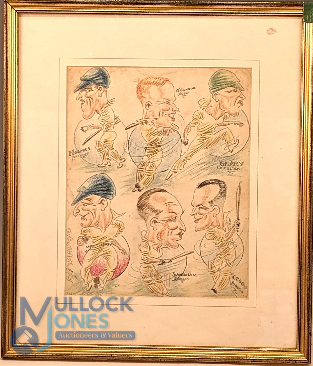 1930s Original Cricket Caricature in Crayon. Featuring 6 players Holmes Yorkshire, O'Connor Essex,