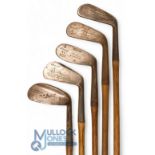 5x Assorted irons features Maxwell flanged soled niblick stamped Robert Simpson, Carnoustie t/w