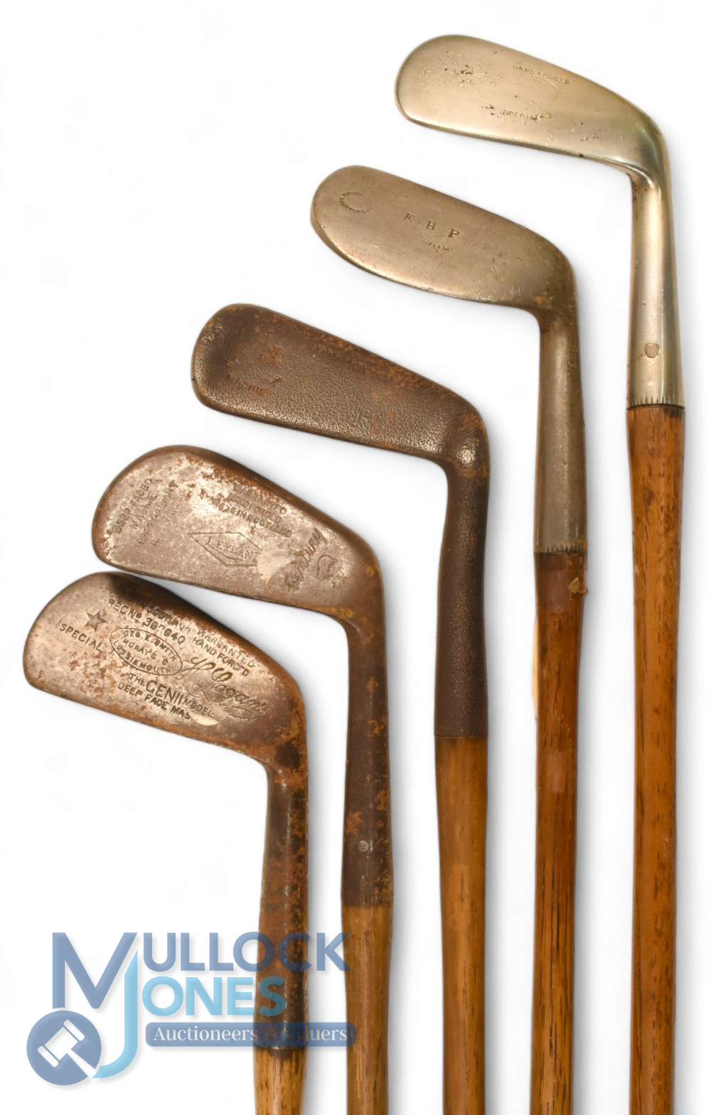 5x Assorted Irons inc' Fourlis patent flat soled round topped niblick, Genie deep faced mashie by