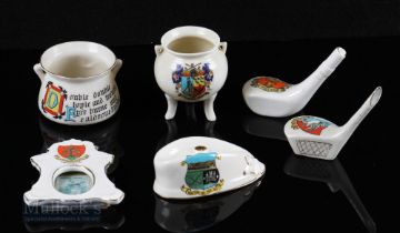 Golfing Crested Ceramics - 2 golf club heads with St Fillans and Swanage crests, Carnoustie