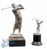 2x Silverplated period Golf Figures, both in full swing, a 19cm tall figure on wooden base marked