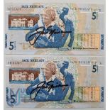 Pair 2005 Jack Nicklaus signed Royal Bank of Scotland £5 banknotes: issued to commemorate Jack