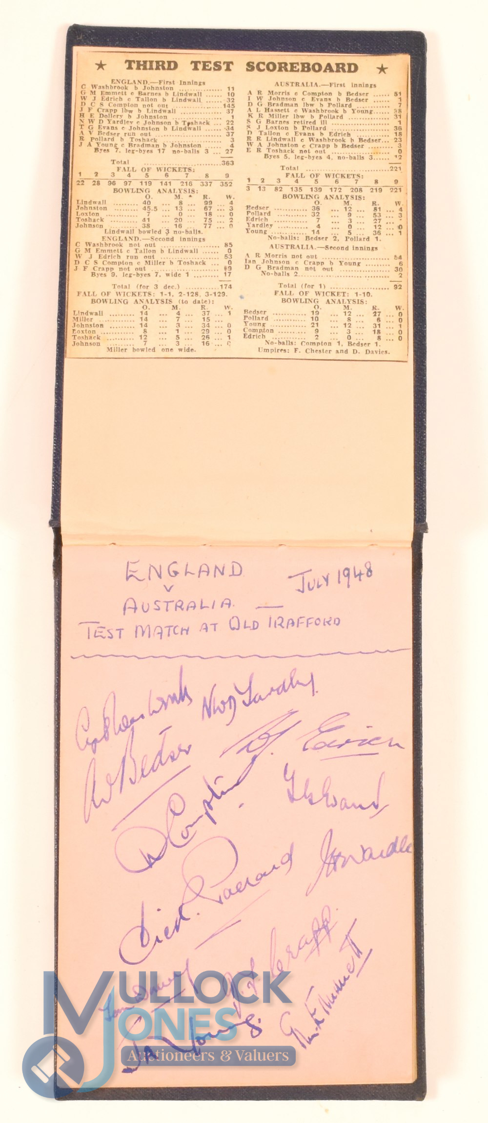 England v Australia (The Invincibles) Autograph Book. Test Match played at Old Trafford 3rd Test,