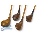 4x Assorted socket neck woods incl large head stripe top light stained brassie stamped Auchterlonie,