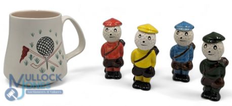 Carlton Ware Golf Figures: 4 assorted ceramic figures 9cm tall, plus a Poole Pottery Broadstone golf