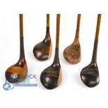 5x Assorted socket neck woods incl fine T Travers dark stained brassie with decorative crown