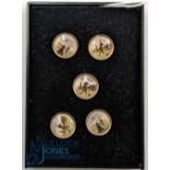 Set of 5 Edwardian Golfer Buttons, small ceramic decorated button with base metal mounts 7mm dia