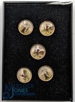 Set of 5 Edwardian Golfer Buttons, small ceramic decorated button with base metal mounts 7mm dia