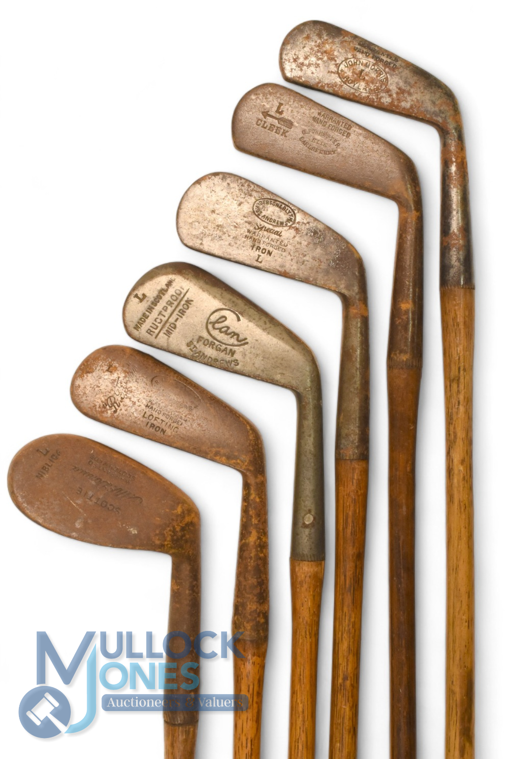 6x Assorted L stamped irons incl Scottie niblick, Geo Forrester, Elie cleek, an Anderson and Blyth