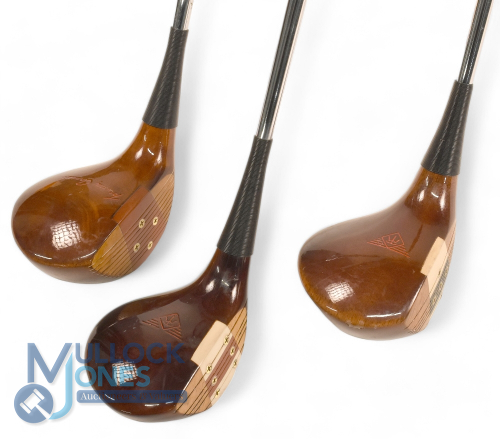 3x Assorted MacGregor persimmon drivers a deep faced face Eye-O-Matic driver stamped M85W to the