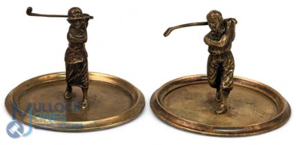 Pair of Bronze Golf Figurea: a good pair of c1930 style golfer figures, male and female, on brass