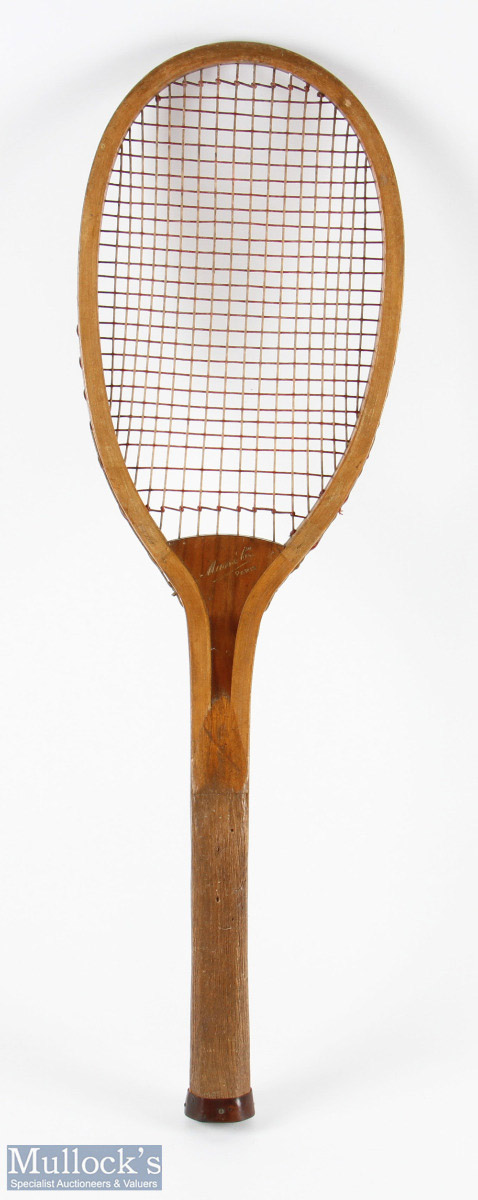 Mass & Co Wooden Tennis Racket, retailed by Svoboda Prague, with red and white strings in good