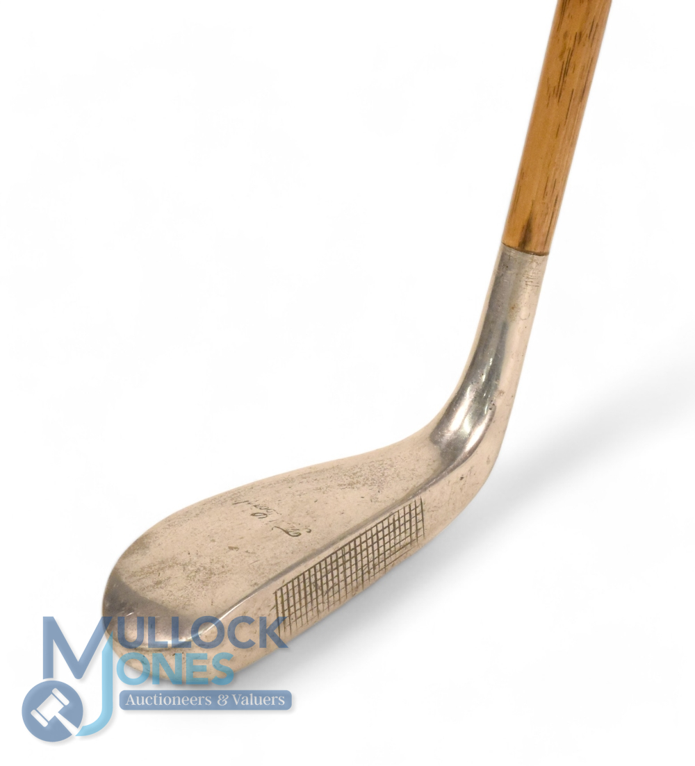 Modified Spalding & Co 'The Judge' long headed alloy mallet head putter with maker's details to