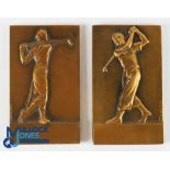 1937 Alexandre Morlon Bronze Golf Medals/Plaques: a pair of male and female golfers, fine casting