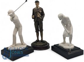 2x Goebel bisque Golf Figures, limited edition of 2500, both on wooden bases, plus a resin golfer