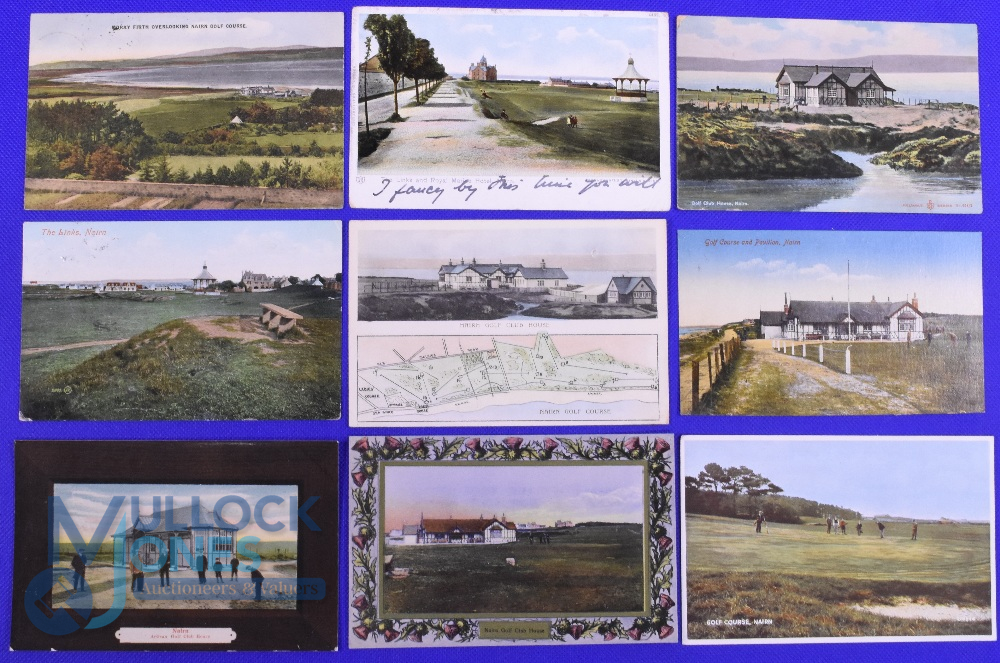 Collection of early Nairn coloured golfing postcards (9) to include various different views of the