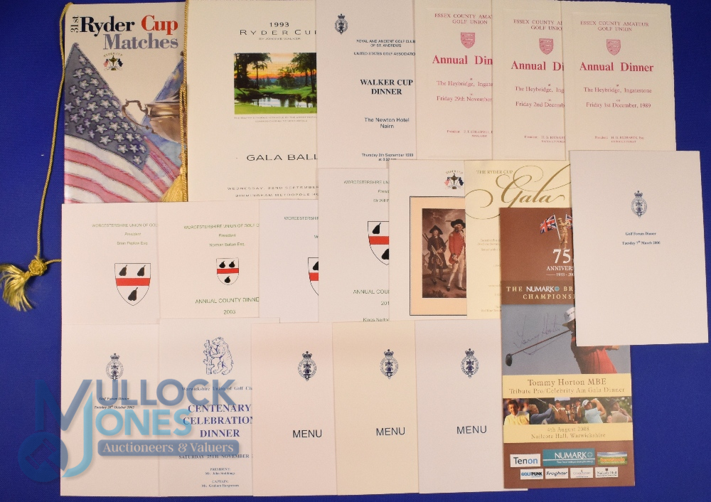 Folder of rare Golf Dinner Menus: to include Ryder Cup 1993 and 1995, 1999 Walker Cup 1999, Golf
