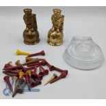 Golf Collectables: to include a glass dimple golf ball ashtray, 3 Dunlop Man golf brass bell