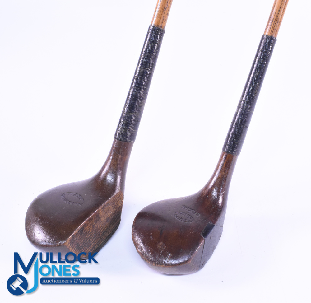 2x Scare neck persimmon woods - a driver by E Smith Halifax with fibre insert and brassie stamped