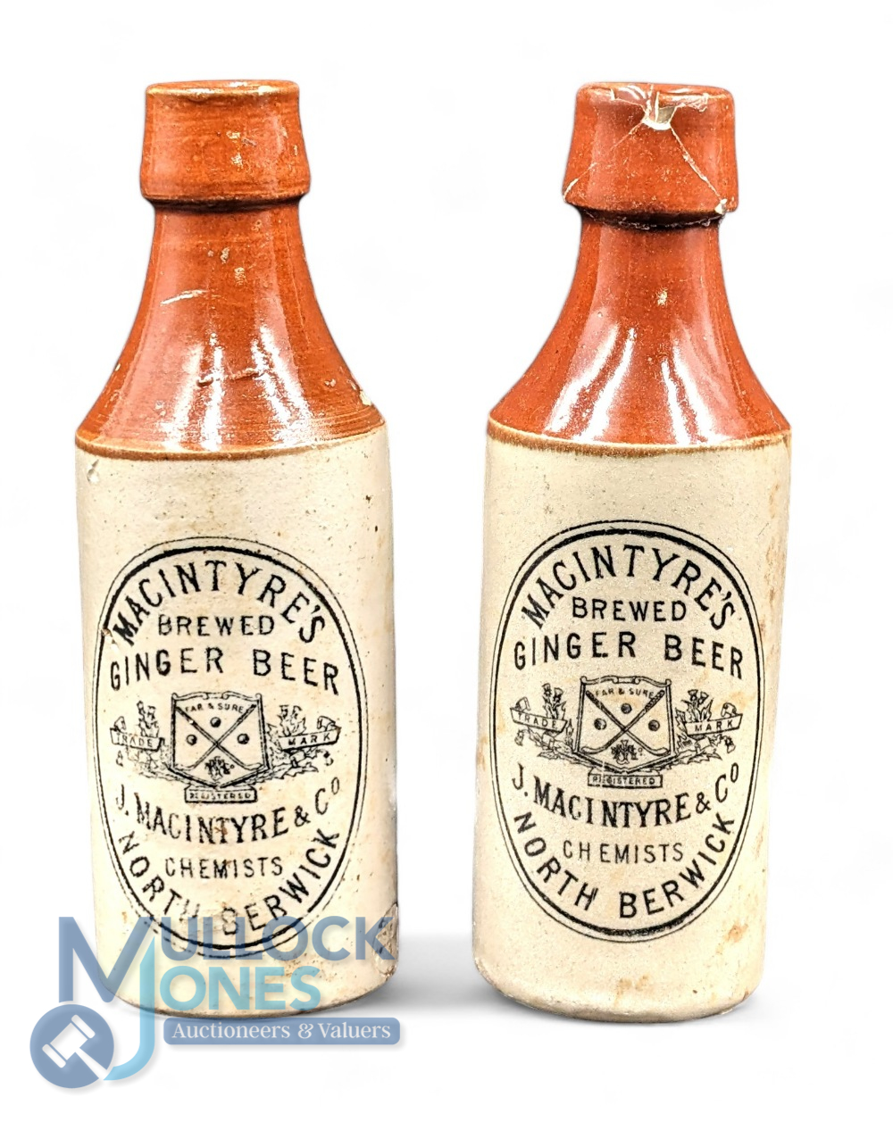 2x J Macintyre & Co North Berwick stoneware Ginger Beer Bottles, 2x stoneware bottles stamped Gray