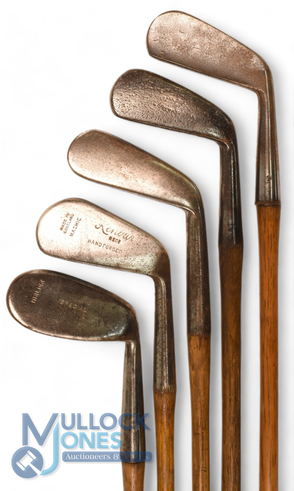 5x Assorted irons incl Anderson large head niblick, Kenbar mashie, Frank Sugg, Liverpool pitted