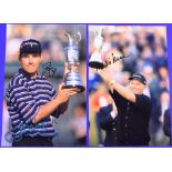 1997 Justin Leonard and 1998 Mark O'Meara Open Golf Champions signed colour press photographs -