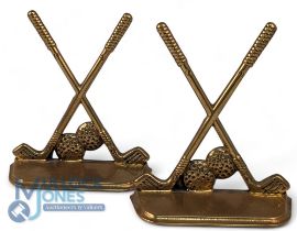 Pair of Brass Golf Club Book Ends, with crossed clubs and ball motif