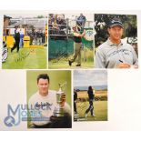 5x Golf signed colour Photographs, with signatures of Mark James, Miguel Jimenez, Retief Goosen,