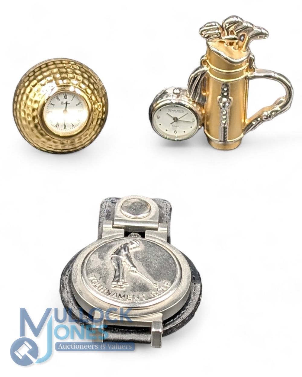 3 Golf themed Quartz Clocks: fob watch, 2 small gold finish mantel clocks of a golf ball and set - Image 2 of 2